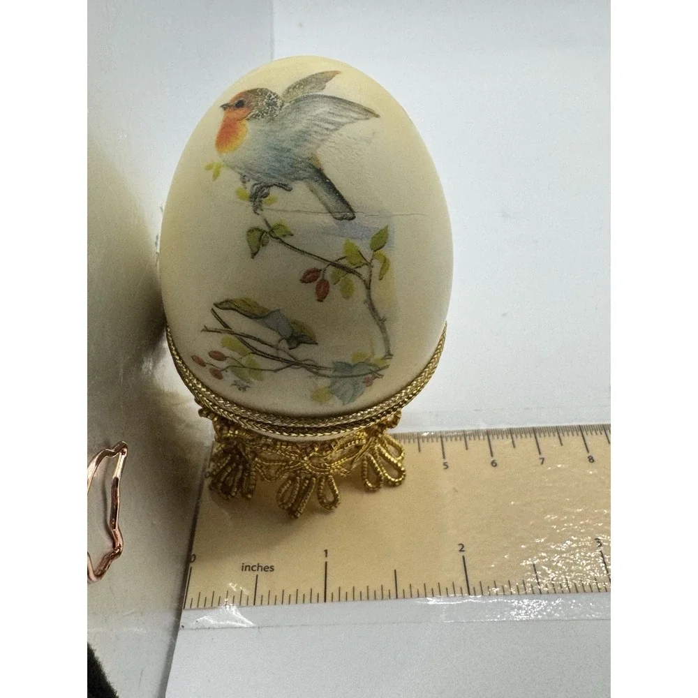 Vintage Real Egg Trinket Box With Blue Bird Printed On It And Satin Lining